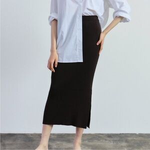 Mijeong Park Black Ribbed Knit‎ Midi Side Slit Minimalist Linen Cotton Skirt